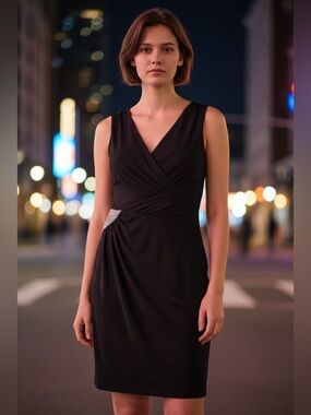 Lauren by Ralph Lauren V-Neck Sleeveless Ruched Dress Stretch Women’s Size 16